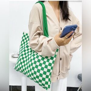 Funky Green & White Cable Knit Tote Bag Purse w Checked Design OS New